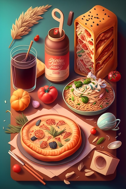 Ein Poster für eine Pizza und eine Flasche Cola.