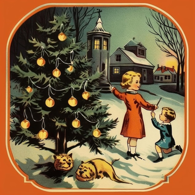 ein Poster für eine Weihnachtskarte mit einem Mädchen und einem Hund vor einem Haus.