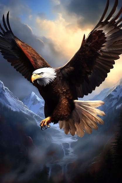 ein Poster für einen Adler mit einem Berg im Hintergrund