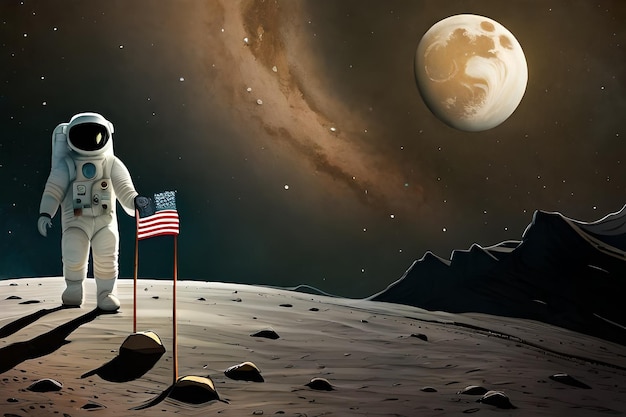 ein Poster für einen Astronauten auf dem Mond mit einer Flagge und dem Mond im Hintergrund.