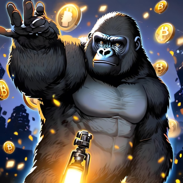 ein Poster für einen Gorilla namens Gorillas mit Goldmünzen im Hintergrund