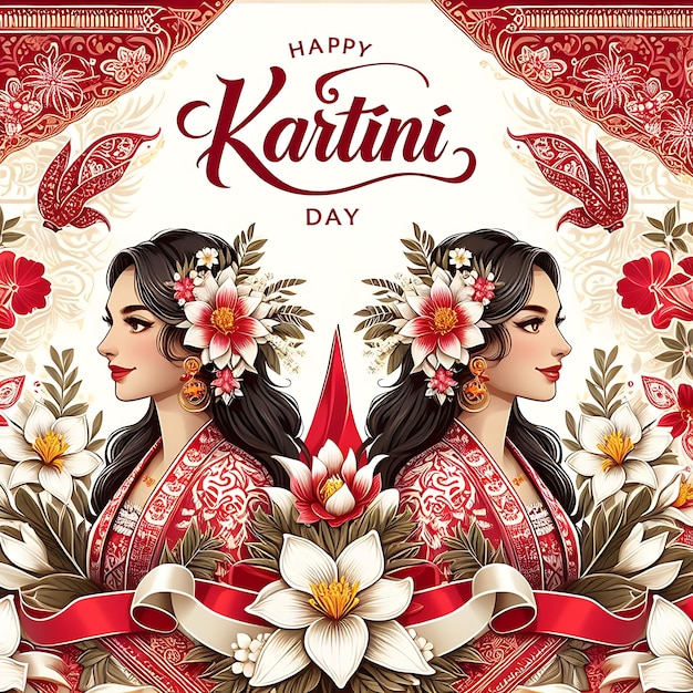 ein Poster für einen Hari Kartini mit Blumen und einer Frau in einem traditionellen Kleid