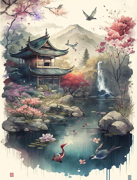 Ein Poster für einen japanischen Garten mit einem Teich und einem Vogel darauf.