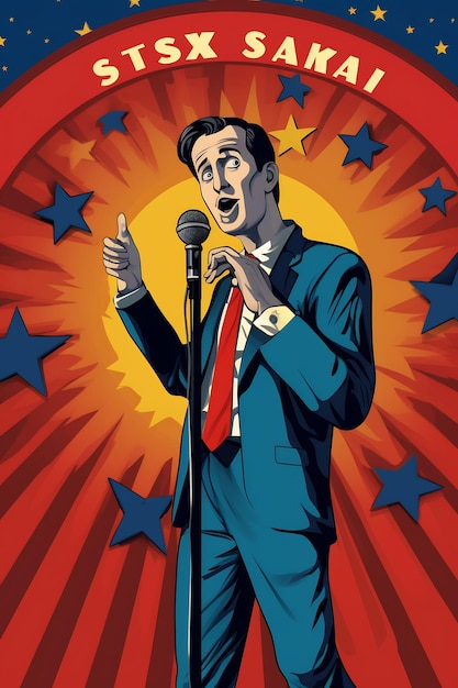 ein Poster für einen Mann in einem Anzug mit einem Mikrofon in der Hand