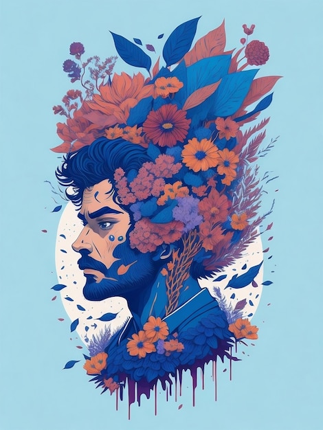 Ein Poster für einen Mann mit Blumen auf dem Kopf