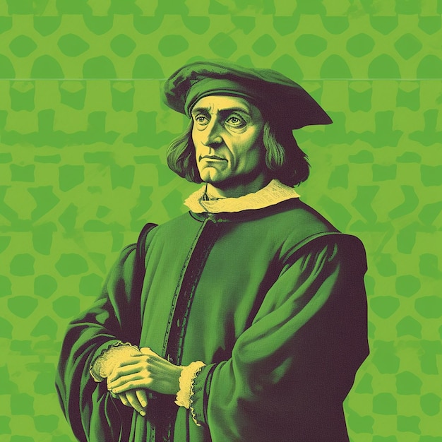 ein Poster für einen Mann mit grünem Hintergrund.