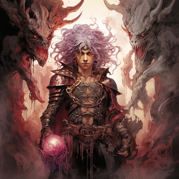 ein Poster für einen Ritter mit einem Schwert und einem Drachen im Hintergrund