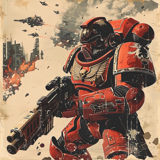 ein Poster für einen Roboter mit einem roten Körper und einem roten Roboter im Hintergrund