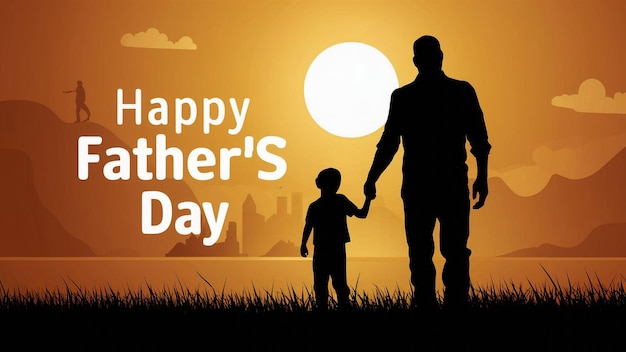 ein Poster für einen Vater und Sohn mit einem Sonnenuntergang hintergrund mit einer Silhouette von Vater und Sohn halten h