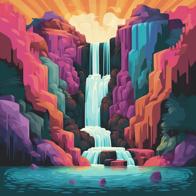 ein Poster für einen Wasserfall mit einem Wasserfall im Hintergrund