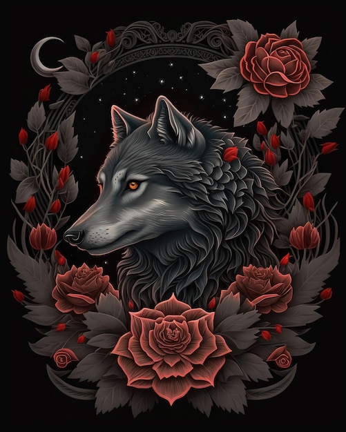 Ein Poster für einen Wolf mit Rosen und Rosen.