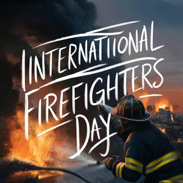 ein Poster für internationale Feuerwehrmänner zeigt einen Feuerwehrmann in einem Feuer
