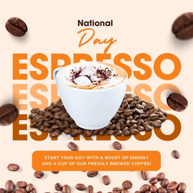 ein Poster für Kaffee mit einer Tasse Kaffee und Kaffeebohnen