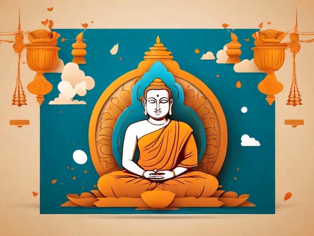 ein Poster mit dem Bild von Buddha sitzend in einem Raum mit den Worten medio darauf