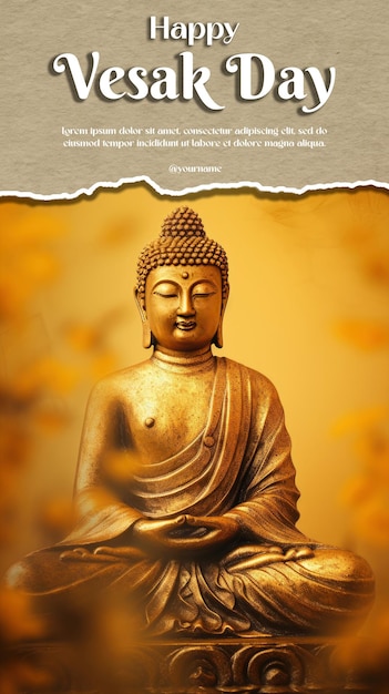 ein Poster mit einem Buddha, der vor einem gelben Hintergrund sitzt