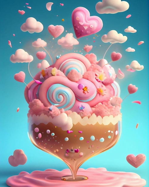 Ein Poster mit einem Cupcake mit rosa und blauen Herzen und dem Wort Liebe darauf.