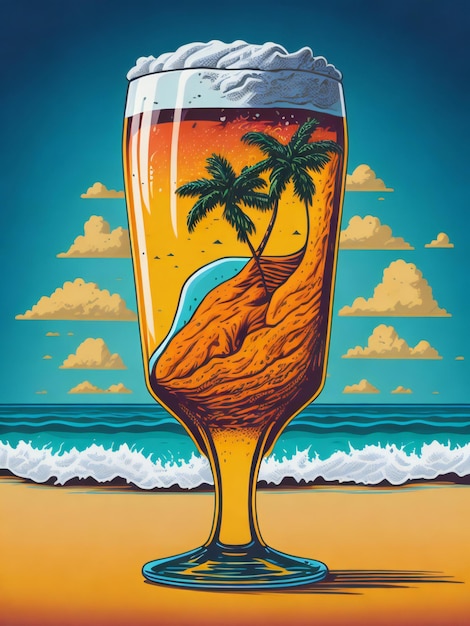 ein Poster mit einem Glas Bier am Strand