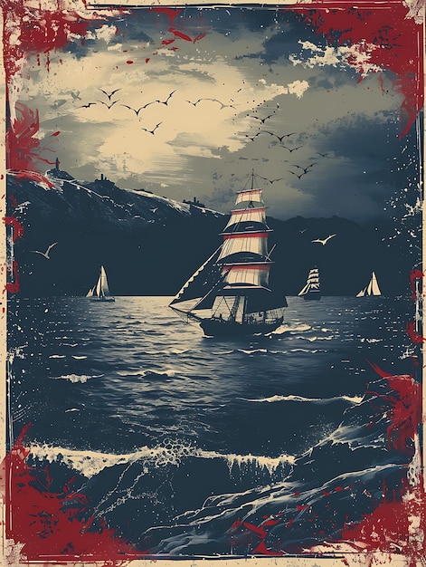 ein Poster mit einem Segelboot auf dem Wasser und einem bewölkten Himmel im Hintergrund