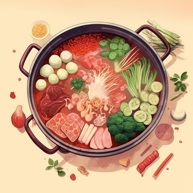 Ein Poster mit einem Topf voll Essen und einem Bild von Gemüse und Fleisch.