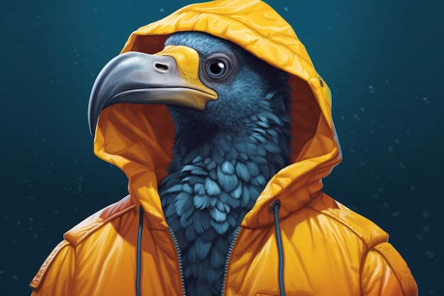 Ein Poster mit einem Vogel, der eine Jacke und einen Kapuzenpullover trägt