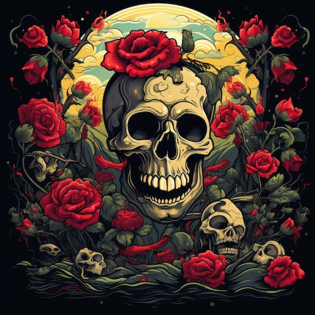 Ein poster mit einer illustration eines totenkopfes als hintergrund für den  dia de muertos-tag der toten