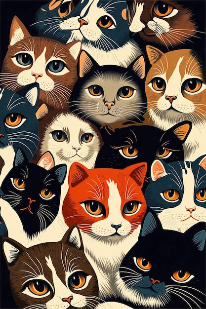 Ein Poster mit Katzen, von denen eine einen schwarzen Hintergrund und die andere ein gelbes Auge hat.