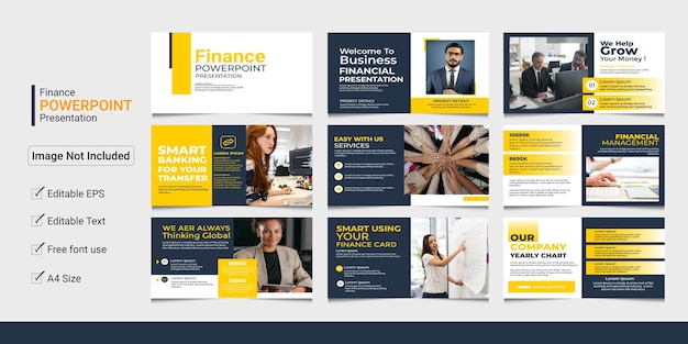 ein Poster mit Visitenkarten mit gelbem Hintergrund, auf dem steht: "Finanzielle Finanzdienstleistungen"