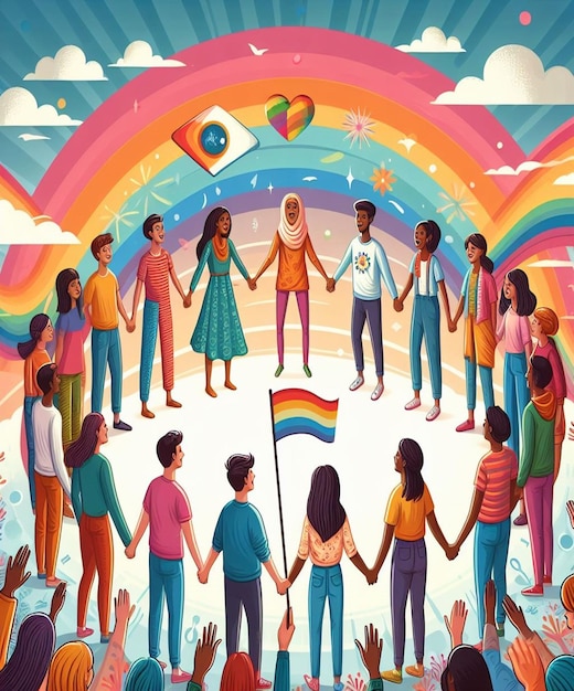 ein Poster von Menschen, die Händchen halten, mit dem Regenbogen im Hintergrund