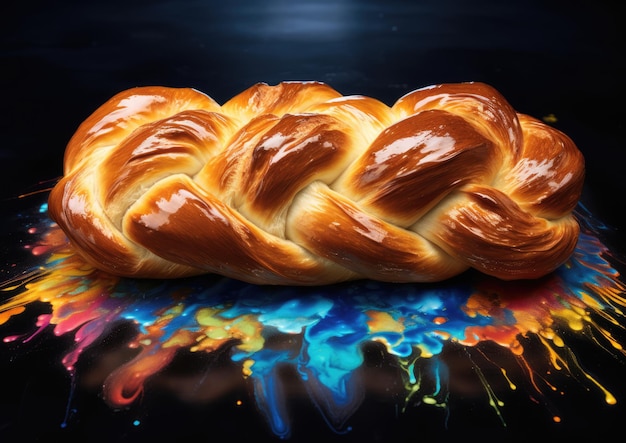 Ein postimpressionistisch inspiriertes Bild einer Chanukka-Challah, aufgenommen mit einem Weitwinkelobjektiv