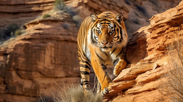 Ein prächtiger Tiger wird eins mit der zerklüfteten Landschaft. Die schlanke Form des Tigers vermischt sich nahtlos mit den erdigen Tönen der Canyonwände, was seine natürliche Fähigkeiten und Anpassungsfähigkeit demonstriert.
