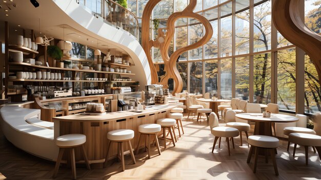 Ein prächtiges Restaurant oder Café mit modernem Stil und einem hölzernen Interieur eines Restaurants