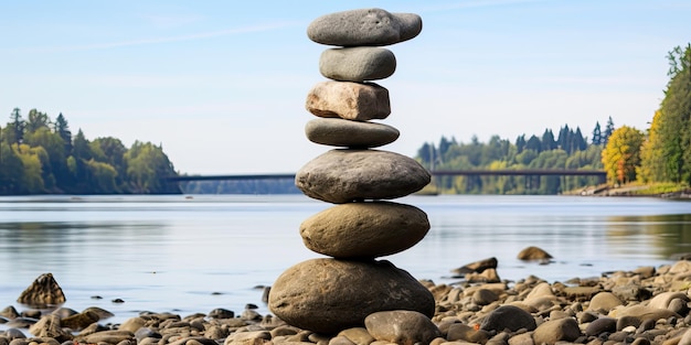 Ein präzise positionierter Stapel von Flussfelsen im Willamette River