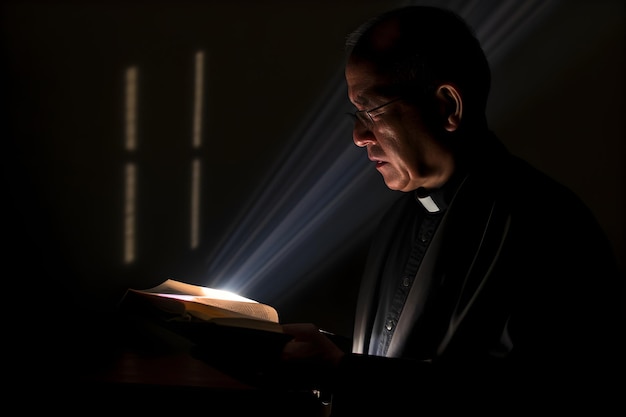 Ein Priester liest ein Buch, durch das ein Licht scheint.