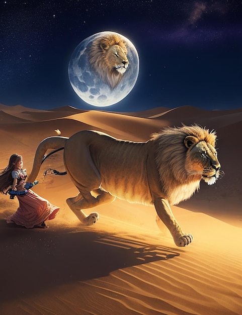 Ein Prinz und sein Löwe rennen durch eine Wüstenoase, die Sanddünen schimmern im Mondlicht