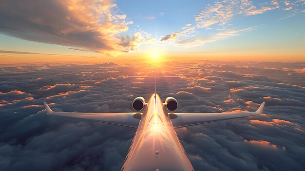 Ein Privatjet fliegt bei Sonnenuntergang hoch über den Wolken