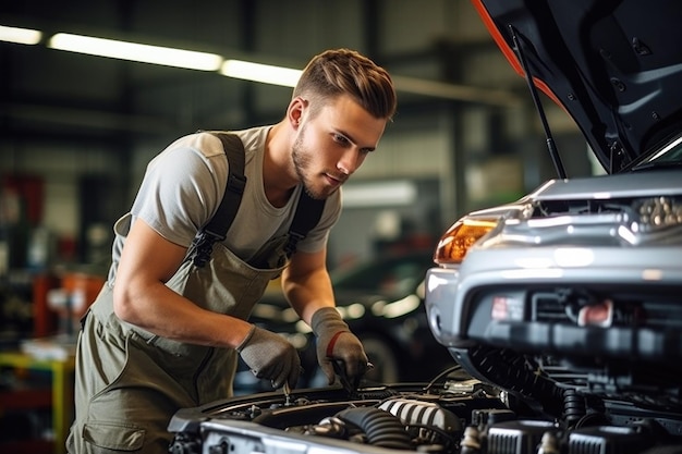 Ein professioneller Automechaniker repariert ein Auto in einer Garage oder einem Service-Center