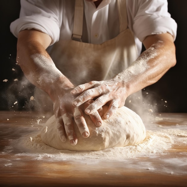 Ein professioneller Bäcker knetet in seiner eigenen Bäckerei mit generativer KI Teig für frisches Brot