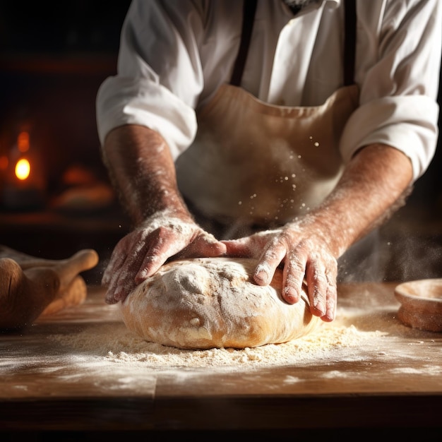 Ein professioneller Bäcker knetet in seiner eigenen Bäckerei mit generativer KI Teig für frisches Brot