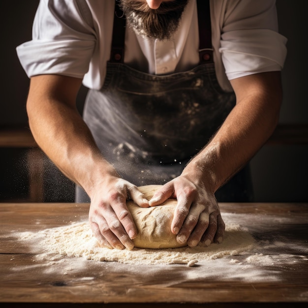 Ein professioneller Bäcker knetet in seiner eigenen Bäckerei mit generativer KI Teig für frisches Brot