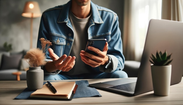 Ein professioneller Casual in einer gemütlichen Umgebung benutzt aufmerksam ein Smartphone mit einem Laptop auf dem Tisch, was Komfort mit Produktivität verbindet