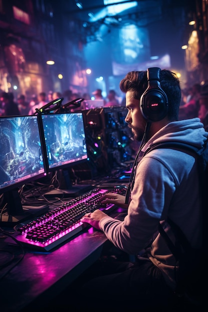 Ein professioneller Gamer trägt Kopfhörer und benutzt einen Computer Elektronische Spielwettbewerbe