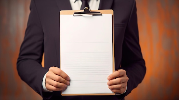 Foto ein professioneller geschäftsmann in einem formellen anzug zeigt eine leere schreibtafel im büro 1
