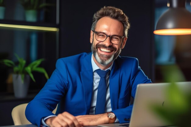 Ein professioneller Geschäftsmann mittleren Alters, der einen blauen Anzug trägt und am Schreibtisch im Büro sitzt und am Laptop arbeitet