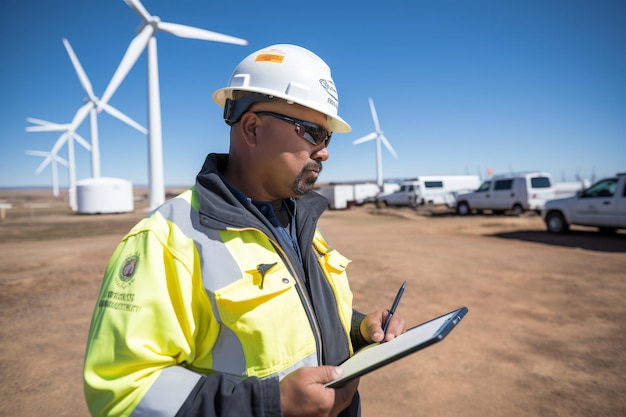 Ein professioneller Ingenieur in Sicherheitsgeräten führt mit einem digitalen Tablet eine gründliche Inspektion der Windturbine durch