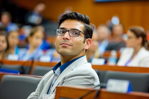 Ein professioneller junger Mann mit Brille, der an einer Konferenz teilnimmt, konzentriert sich auf den Teilnehmer im Seminarsaal