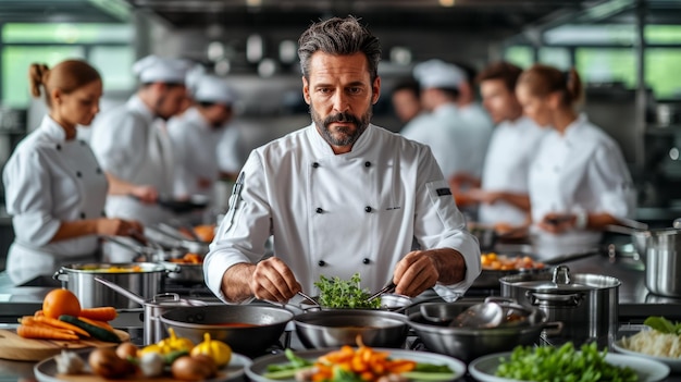 Ein professioneller Koch bereitet in einer kommerziellen Küche Essen vor