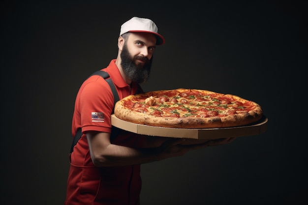 Foto ein professioneller lieferant hält eine pizza