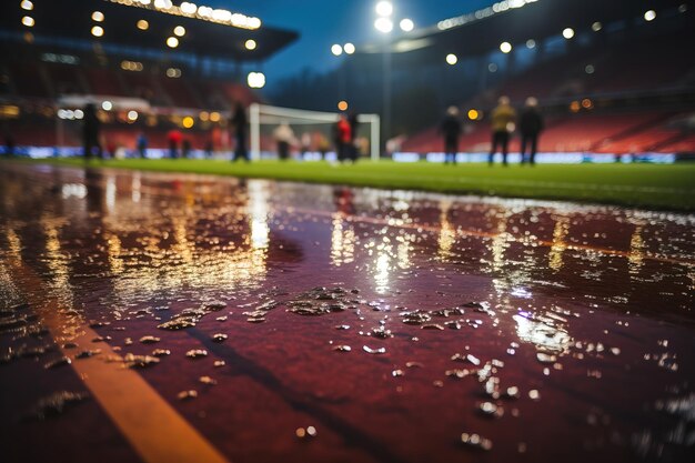 Ein professionelles Fußballstadion, das vom Regen nass ist.