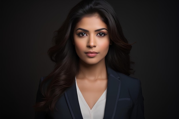 Ein professionelles Porträtfoto einer Inderin in einem Business-Anzug