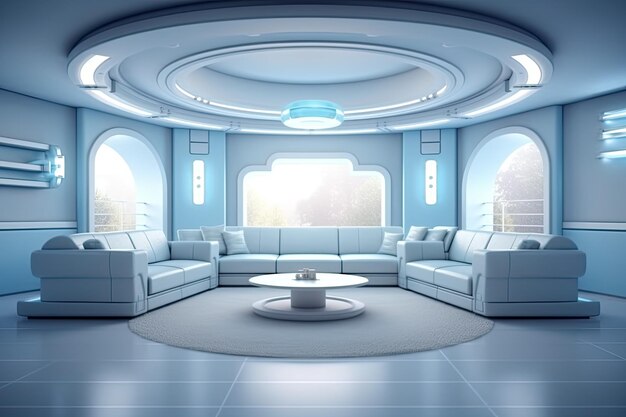 Ein professionelles und auffälliges Wohnzimmer in Hellblau mit Weiß im futuristischen Metaversum